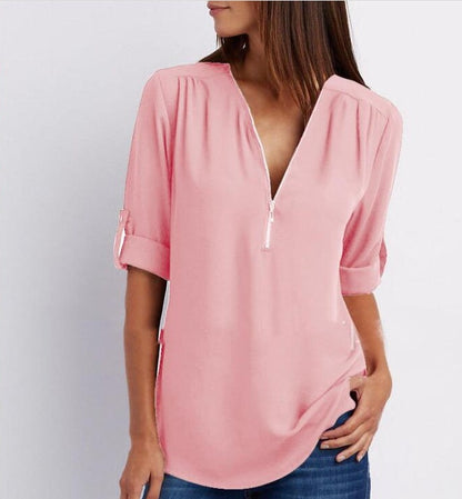 Women’s Zip V-neck Short Sleeve Top