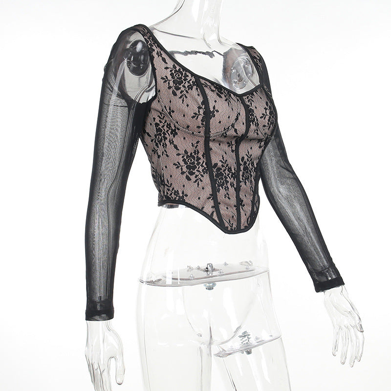 Women’s Lace Stitching Girdle Printed Long-sleeved Top