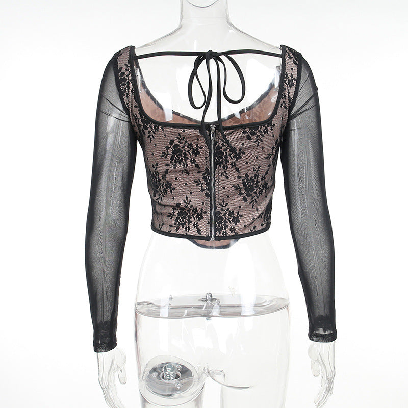 Women’s Lace Stitching Girdle Printed Long-sleeved Top