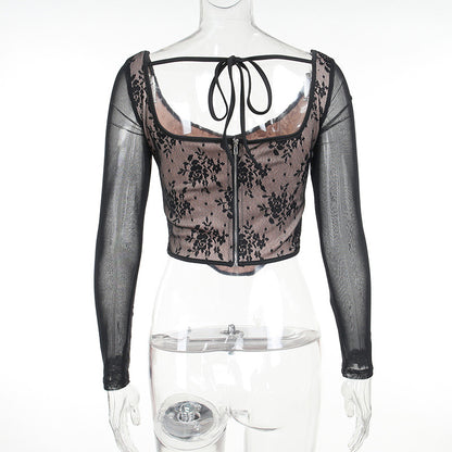 Women’s Lace Stitching Girdle Printed Long-sleeved Top
