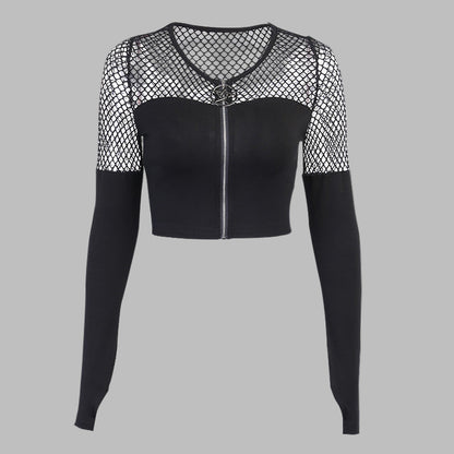 Gothic Mesh Stitch Zip-Up Base Top – Black Cotton-Poly Tee