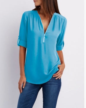 Women’s Zip V-neck Short Sleeve Top