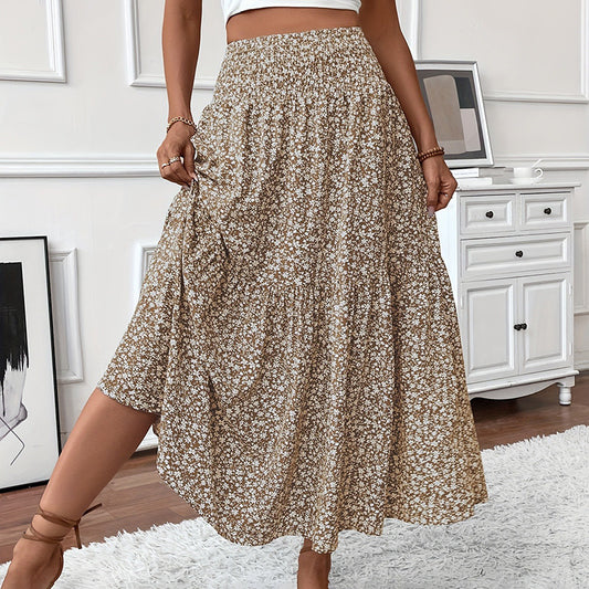 Women’s Boho Floral Maxi Skirt — High Elastic Waist, Pleated A-Line Long Skirt