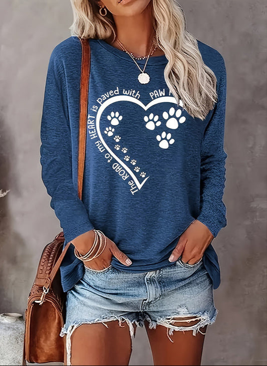 Dog Paw & Heart Print Long Sleeve T-Shirt