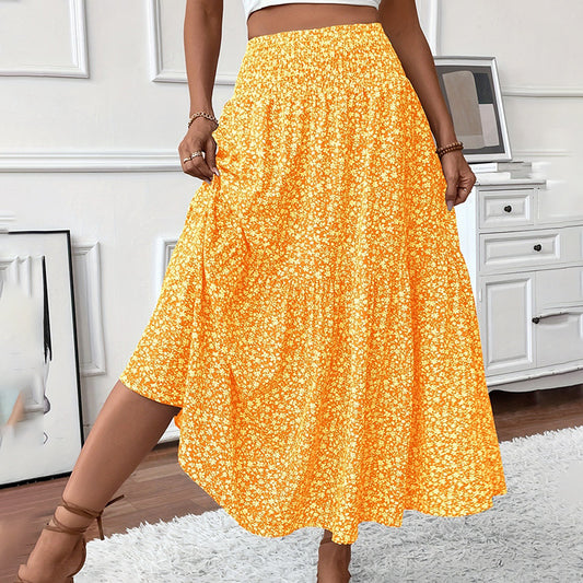 Women’s Boho Floral Maxi Skirt — High Elastic Waist, Pleated A-Line Long Skirt