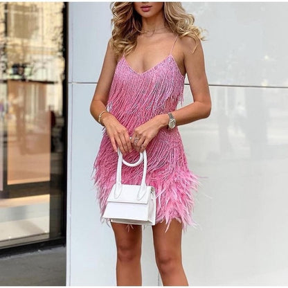 Women’s Sexy Tassel Sequin Feather Mini Dress Skirt