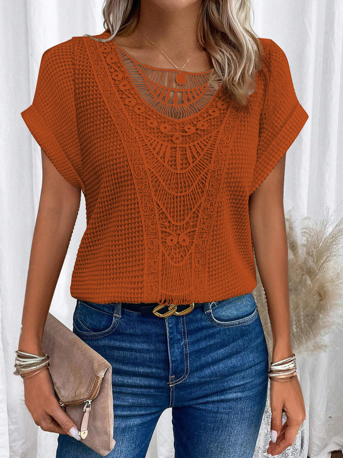 Summer Hollow-Out Short-Sleeve T-Shirt – Ethnic Style Women’s Top