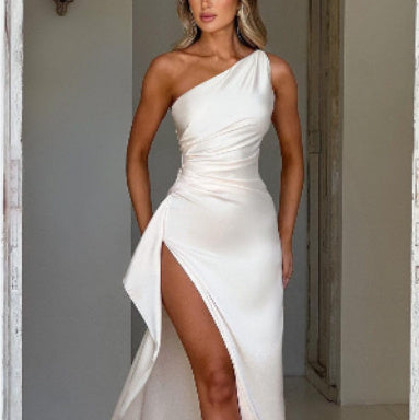Women’s One-shoulder Backless Slit Dress Skirt