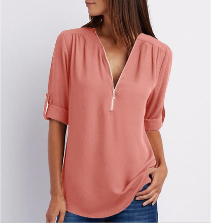 Women’s Zip V-neck Short Sleeve Top