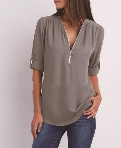 Women’s Zip V-neck Short Sleeve Top