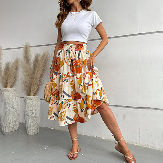 Women’s Floral Tiered Midi Skirt – Elastic Waist Boho A-Line