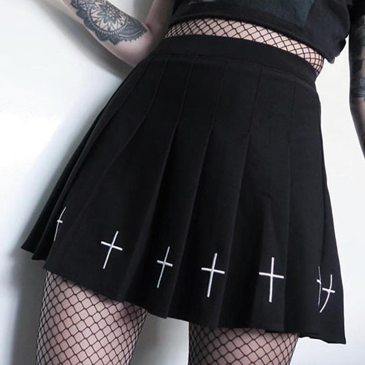 Pleated Embroidered Skirt – High-Waist Gothic Retro Mini