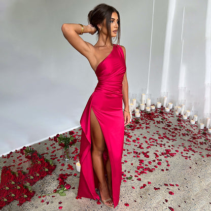 Women’s One-shoulder Backless Slit Dress Skirt