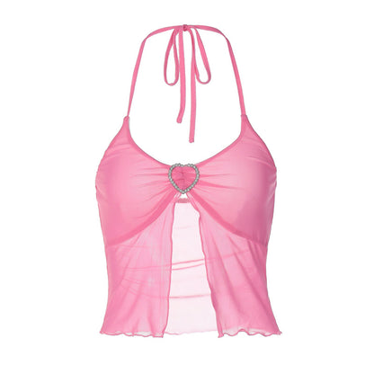 Women’s Pink Mesh Stitching Chest-Wrapped Halter Vest