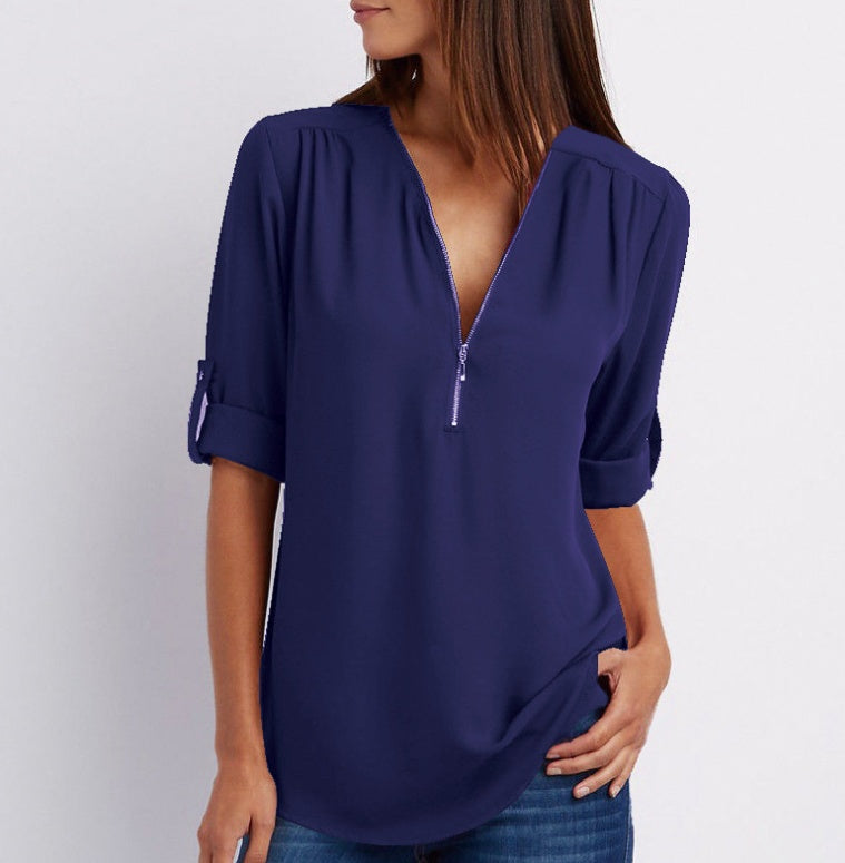 Women’s Zip V-neck Short Sleeve Top