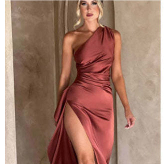Women’s One-shoulder Backless Slit Dress Skirt