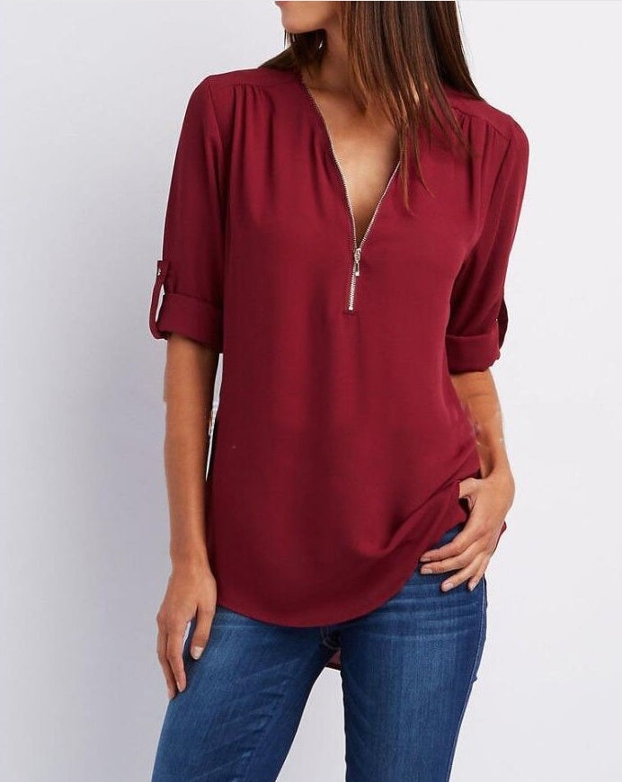 Women’s Zip V-neck Short Sleeve Top
