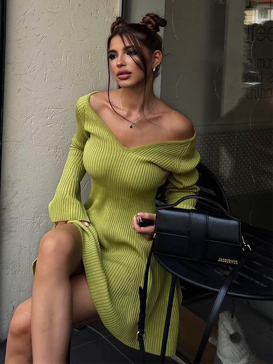 Women’s Slim V-Neck Long Sleeve Knitted Dress Skirt
