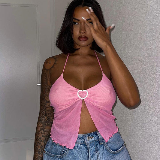 Women’s Pink Mesh Stitching Chest-Wrapped Halter Vest