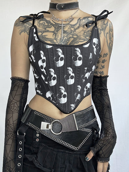 Dark Gothic Punk Skull Print Corset Tie-Up Vest