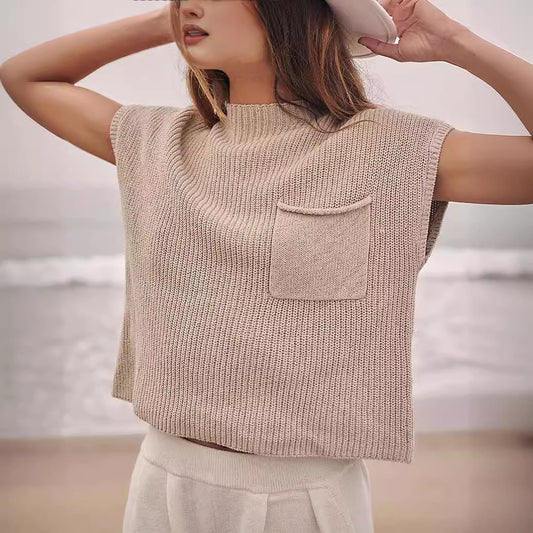 Women’s Knitted Sleeveless Pocket Rib Pullover Vest