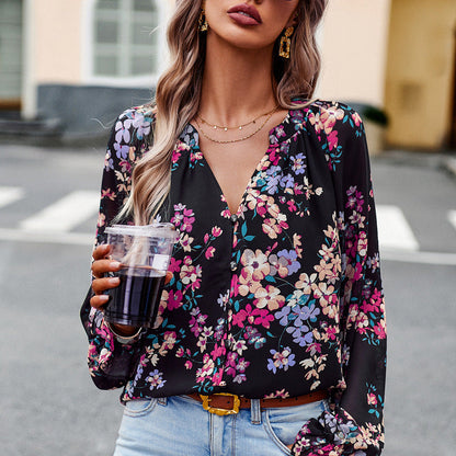Women’s Floral V-Neck Chiffon Blouse