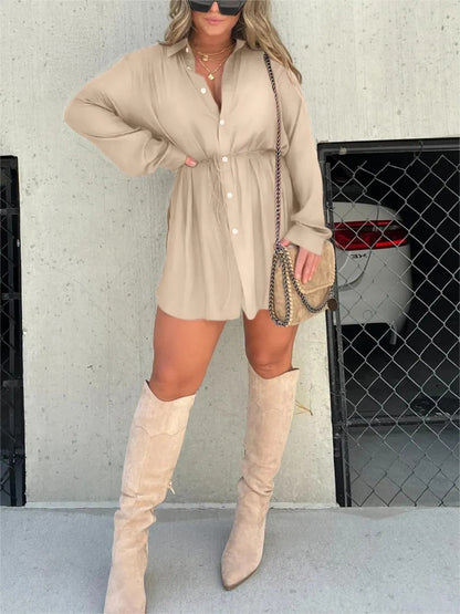 Women’s Long Sleeve Jumpsuit with Buttons — Shirt Dress Style