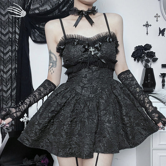 Women’s Dark Goth Rose Lace Sling Dress