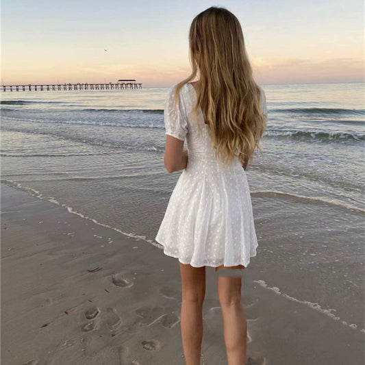Short Sleeve V-Neck High-Waist A-Line Dress (White)