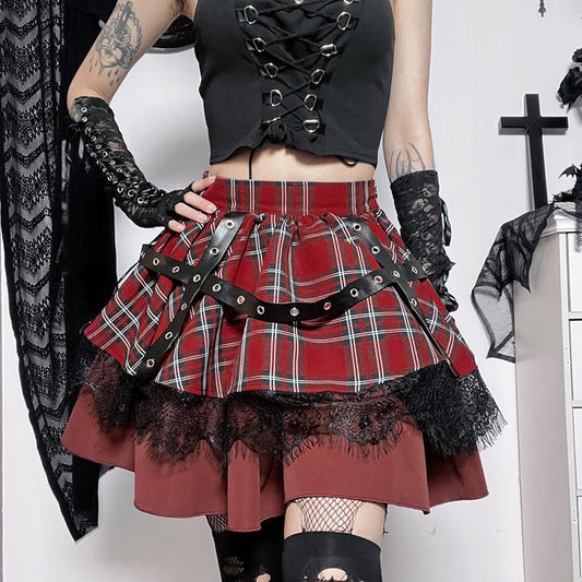 Saibo Punk Goth Lace Stitching A-Line Plaid Bubble Skirt
