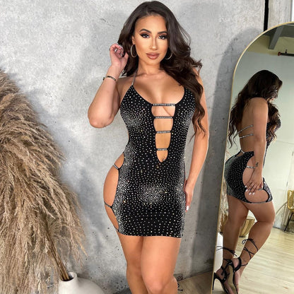 Women’s Sexy Cutout Rhinestone Strap Dress Skirt