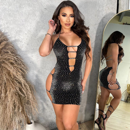 Women’s Sexy Cutout Rhinestone Strap Dress Skirt