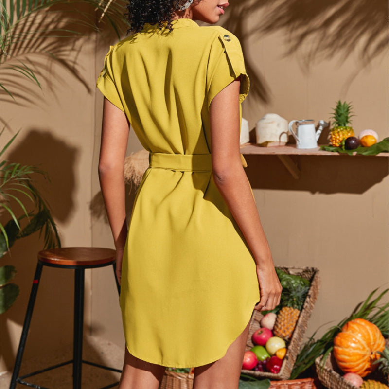 V-neck Short Sleeve Belted Summer Bowknot Dress
