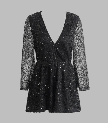 Deep V Lace Long-Sleeve Romper