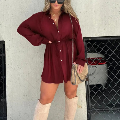 Women’s Long Sleeve Jumpsuit with Buttons — Shirt Dress Style