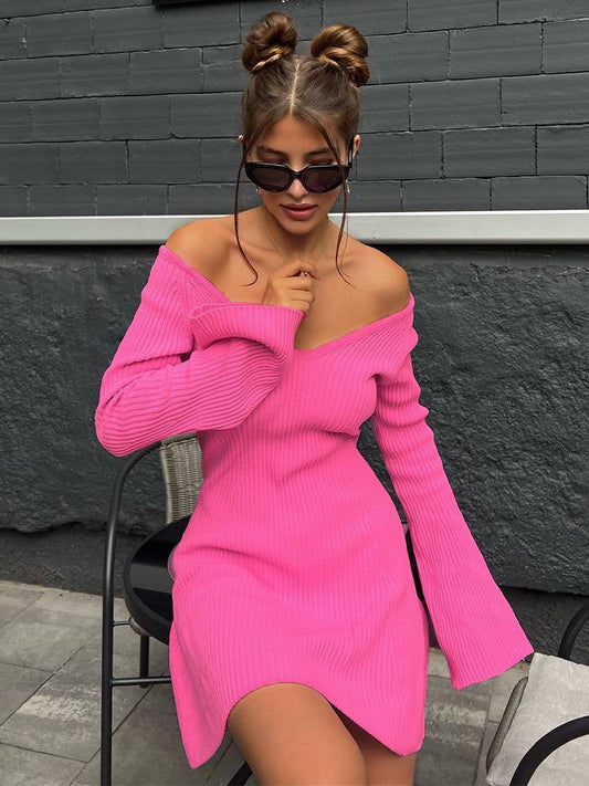 Women’s Slim V-Neck Long Sleeve Knitted Dress Skirt