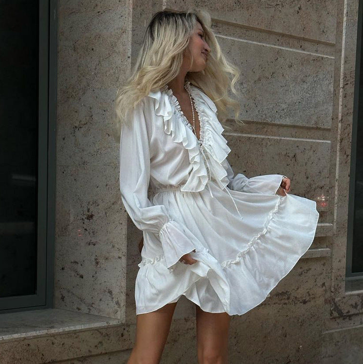 Women’s Y2K-Inspired V-Neck Pleated Ruffle Dress Skirt