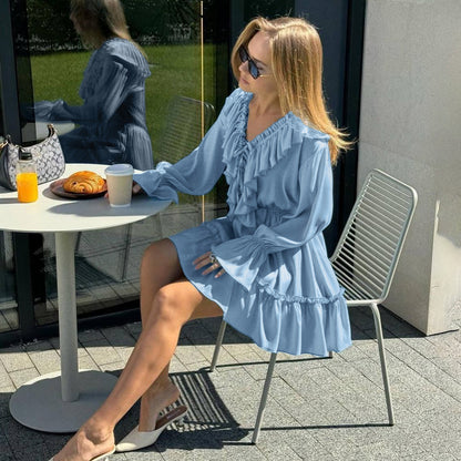 Women’s Y2K-Inspired V-Neck Pleated Ruffle Dress Skirt
