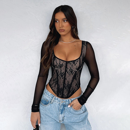 Women’s Lace Stitching Girdle Printed Long-sleeved Top