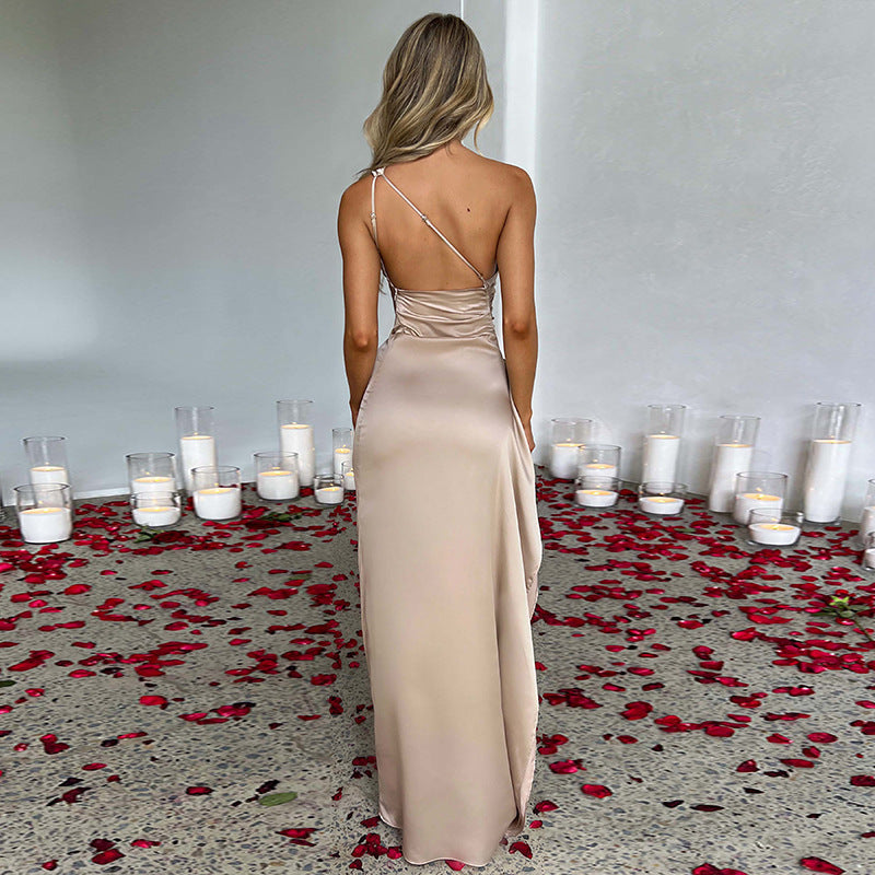Women’s One-shoulder Backless Slit Dress Skirt