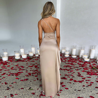 Women’s One-shoulder Backless Slit Dress Skirt