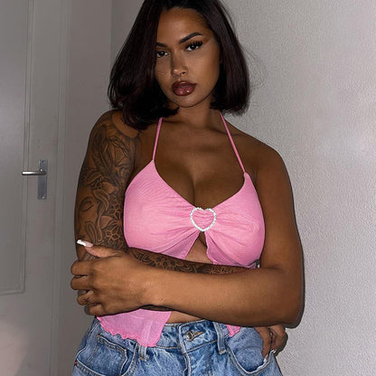 Women’s Pink Mesh Stitching Chest-Wrapped Halter Vest