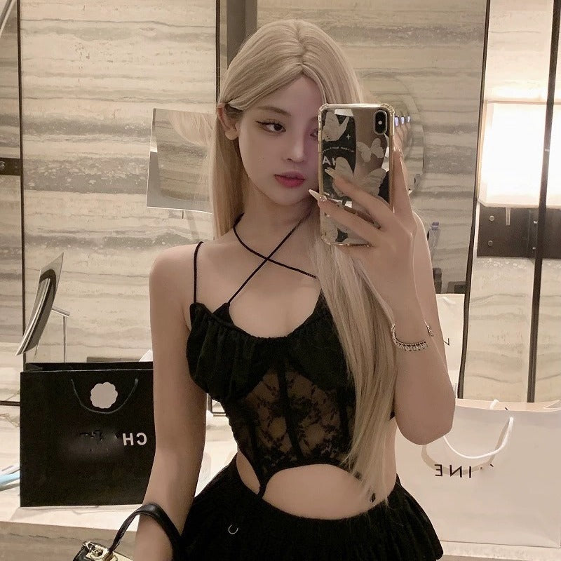 Women’s French Sweet Sexy Lace Up Short Sling Top