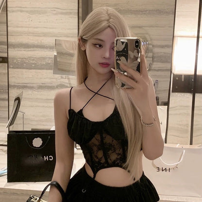 Women’s French Sweet Sexy Lace Up Short Sling Top