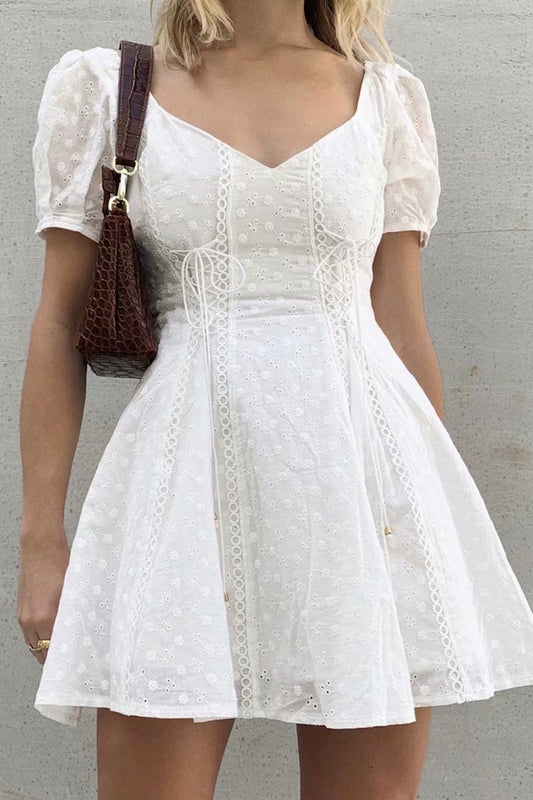 Short Sleeve V-Neck High-Waist A-Line Dress (White)