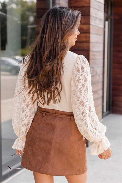 Women’s V-Neck Lace Stitching Long Sleeve Top