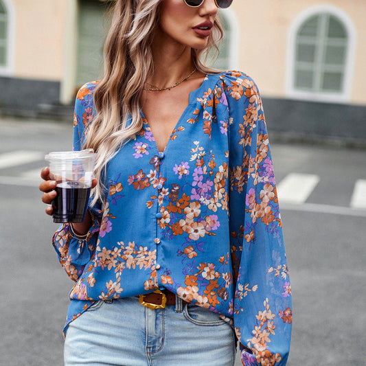 Women’s Floral V-Neck Chiffon Blouse