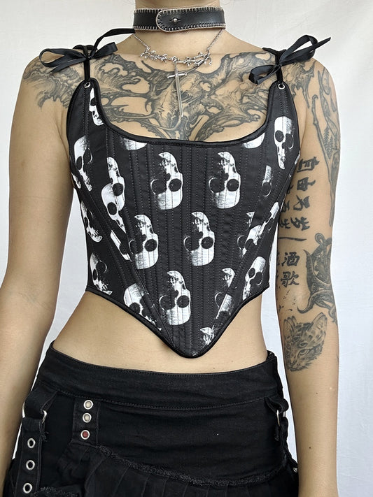 Dark Gothic Punk Skull Print Corset Tie-Up Vest
