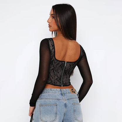 Women’s Lace Stitching Girdle Printed Long-sleeved Top