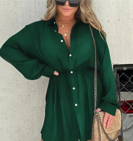 Women’s Long Sleeve Jumpsuit with Buttons — Shirt Dress Style